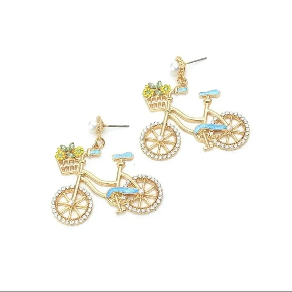 Anthropologie Blue Sweet Flowers Bicycle Crystal Earrings - Picture 4 of 11
